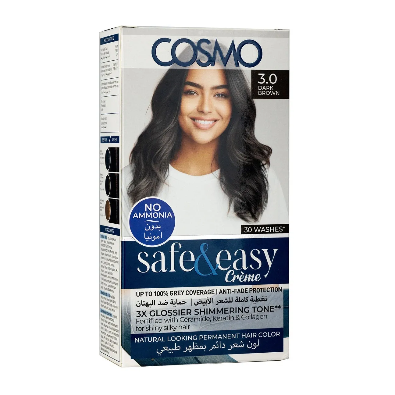 COSMO Safe & Easy No Ammonia 3.0 Dark Brown Permanent Intense Creme Hair Color Kit - Rich Pigment Formula for Vibrant, Fade-Resistant Results – Gentle, Nourishing Ingredients for Smooth, Healthy-Looking Hair, 3X Glossier Shimmering Tone