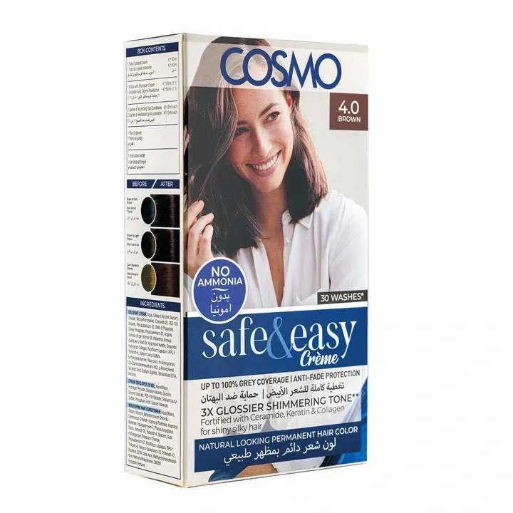 COSMO Safe & Easy No Ammonia 4.0 Brown Hair Color Kit is a nourishing crème hair dye