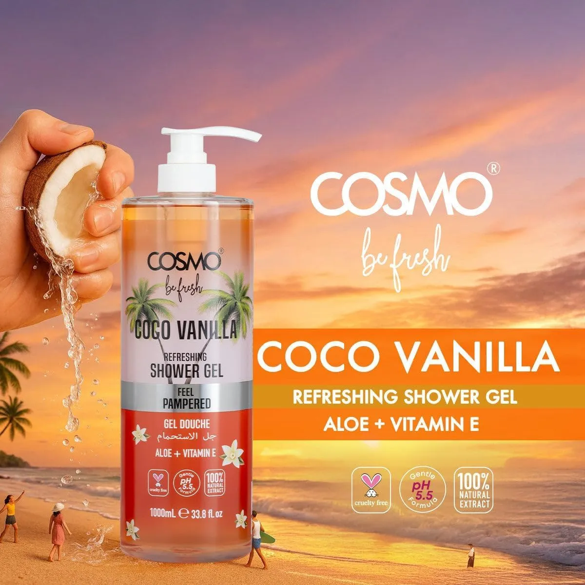 COSMO Be Fresh Body Shower Gel | Refreshing Hydration & Invigorating Scent for All Skin Types | 1000ml (Coco Vanilla)