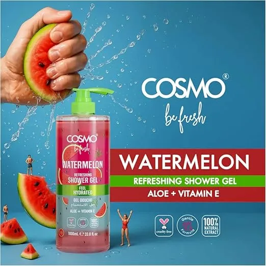 Cosmo Be Fresh Watermelon Shower Gel with Aloe & Vitamin E 1000ml, Tropical Hydrating Body Wash, Feel Exhilarated, Soft & Radiant Skin, Refreshing Fruity Cleanser, Citrus Scent, For Men & Women
