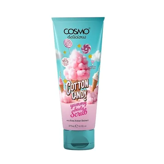 Cosmo Delicious Cotton Candy With Shea Body Scrub For Men & Women 275ml, Exfoliating Body Scrub, Hydrating & Nourishing, Sugar Scrub, Sweet Cotton Candy Fragrance, Dead & Deep Skin Cleansing