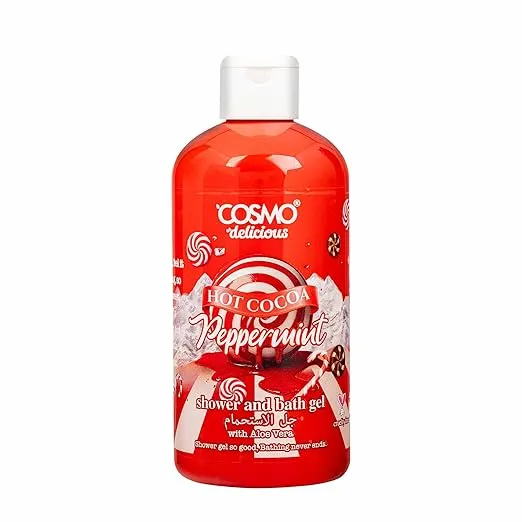 COSMO Delicious Hot Cocoa Peppermint With Aloe Vera Shower & Bath Gel 500ml, Hydrating & Refreshing Body Wash, Chocolate, Peppermint Scent, Dead Skin Removal, Body Cleanser, Shower Gel For Women & Men