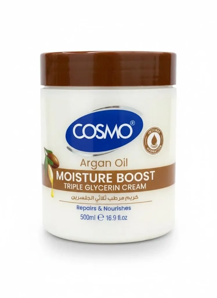 Cosmo Argan Oil Hydrating Body Moisture Boost Cream Infused with Pure Argan Oil and Ultra-Creamy Shea Butter, Glycerin Cream Soothe Dry Skin, Improve Elasticity, Restore Softness, and Promote Radiant, Healthy-Looking Skin – 500ml